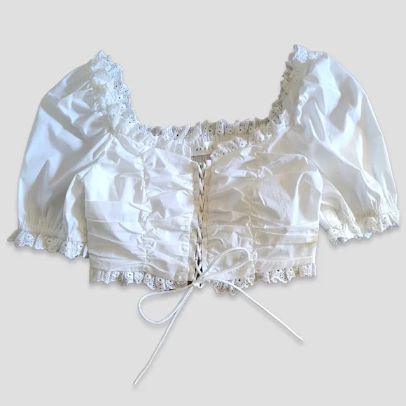 NWOT - MABLE Country Nights Cropped Lace Up Peasant Blouse - White - Picture 1 of 8